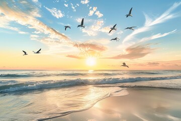 Fototapeta premium A vibrant sunrise over the ocean with seagulls flying in the sky