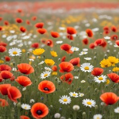 Obraz premium A meadow of colorful flowers including red poppies, white daisies, and yellow buttercup flowers background