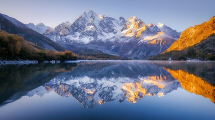 Fototapeta premium Serene Mountain Lake Reflection at Sunset with Tranquil Yoga Flow