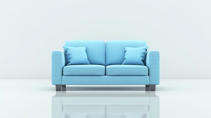 A light blue sofa in front of a white wall with a shiny floor.