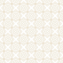 Fototapeta premium Linear stars on white seamless pattern. Golden lines geometric arabesque background. Light linear arabic repeat pattern.