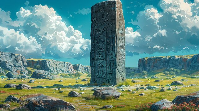 A towering monolith carved with intricate runes and glyphs, its purpose shrouded in mystery and speculation. Illustration, Minimalism,