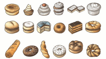 Hand draw abstract bakery icon set. Bread. Cake. Cookies. Buns.