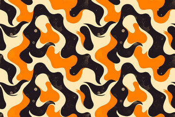 A striking seamless pattern featuring dark swirling paint splashes with vibrant orange highlights, creating a dramatic tile ornament perfect for bold decoration and modern design concepts.