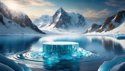 podium made of ice, set against a serene background of snow-capped mountains and a calm sea. The scene exudes coolness and tranquility, ideal for showcasing products in a refreshing and pristine envir