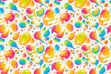 A vibrant seamless pattern with colorful paint splashes and dynamic shapes on a white background, creating an energetic tile ornament perfect for bold decoration and modern design concepts
