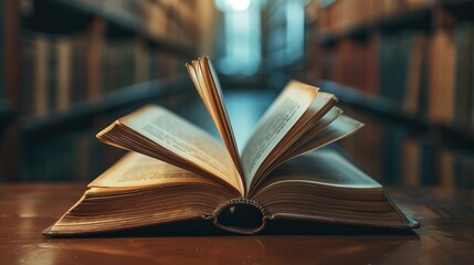 Obraz premium An open book on a wooden table in a library with shelves of books in the background. The pages of the book are slightly curved, giving it a dynamic appearance.
