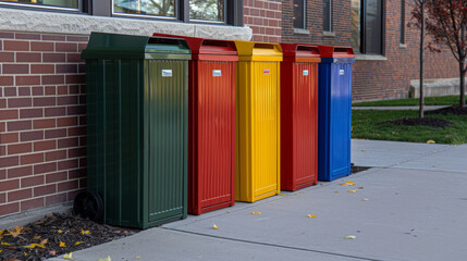 Row of brightly colored recycling bins against a brick building, promoting waste segregation and environmental awareness.