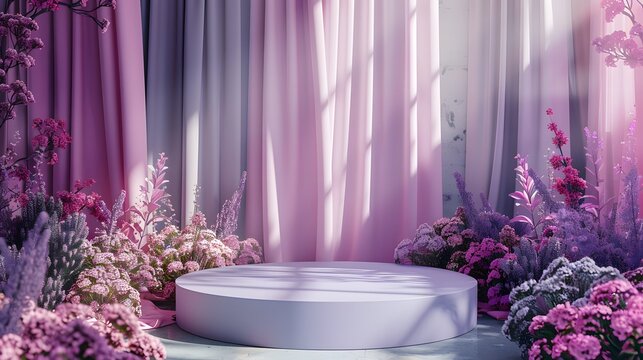 A podium with pink and purple curtains for product display, with flowers on the side. Web banner with copyspace on the right