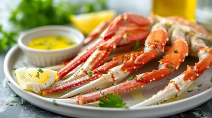 Steamed Crab Legs Served with Melted Butter and Lemon Wedge on Ceramic Plate Garnished with Fresh Parsley and Sea Salt Crystals