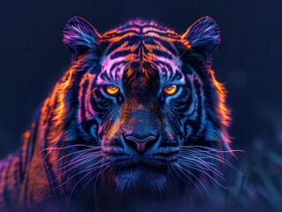 Majestic tiger illuminated by vibrant, neon lights in a dark, atmospheric setting, exuding power and mystique.