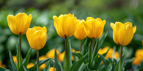 Obraz premium Close-up of bright yellow tulips blooming in a spring garden, capturing the essence of seasonal beauty.