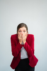 businesswoman surprised, isolated on white background.