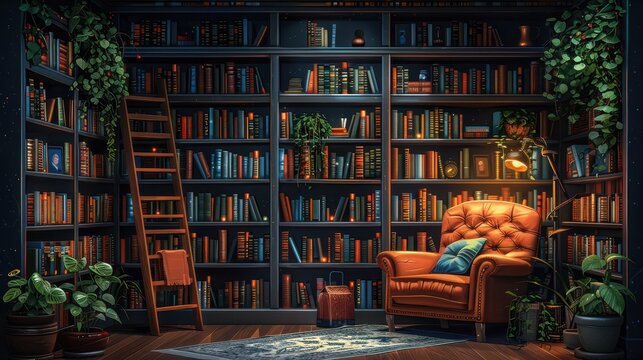 A home library with tall bookshelves, a ladder, and a comfy reading chair, filled with books, illustration background
