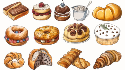 Hand draw abstract bakery icon set. Bread. Cake. Cookies. Buns.