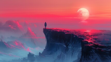 A mysterious figure standing at the edge of a precipice, gazing out over the surreal landscape with a sense of wonder and awe. Illustration, Minimalism,