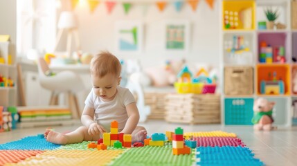 Fototapeta premium Adorable toddler with curly hair, dressed in a yellow sweater, playing with colorful building blocks on a vibrant, textured rug in a bright, cozy living room.