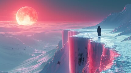 A mysterious figure standing at the edge of a precipice, gazing out over the surreal landscape with a sense of wonder and awe. Illustration, Minimalism,