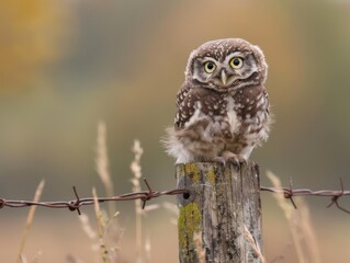 A small owl is perched on a wooden post next to a barbed wire fence
