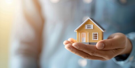 Hand holding a miniature house, representing homeownership and real estate investment