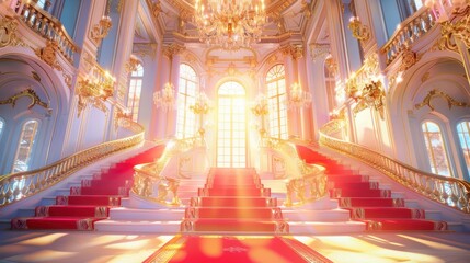 Obraz premium Opulent palace staircase with luxurious red carpet and gold details, bathed in warm light, exuding elegance and grandeur, perfect for regal occasions.