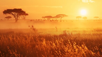 Fototapeta premium A magnificent dawn savanna features tall grasses, acacia trees' silhouettes, and grazing gazelles.