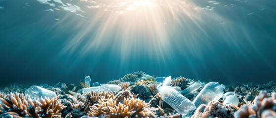 Coral reef surrounded by plastic debris, highlighting the damage to marine habitats