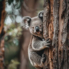 Obraz premium A baby koala is hiding behind a tree trunk