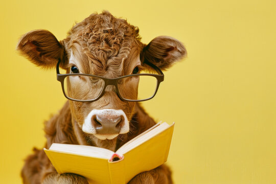 Cute calf with glasses reading book on yellow background. Education, back to school, learning, knowledge concept
