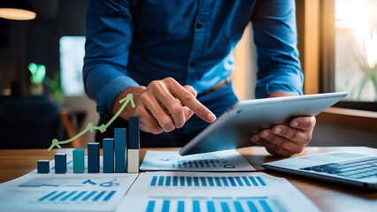  Business intelligence analyst dashboard on virtual screen. Big data Graphs Charts. Businessman analyze and visualize complex information on a virtual screen using AI to process data.