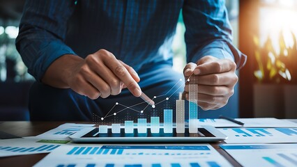  Business intelligence analyst dashboard on virtual screen. Big data Graphs Charts. Businessman analyze and visualize complex information on a virtual screen using AI to process data.