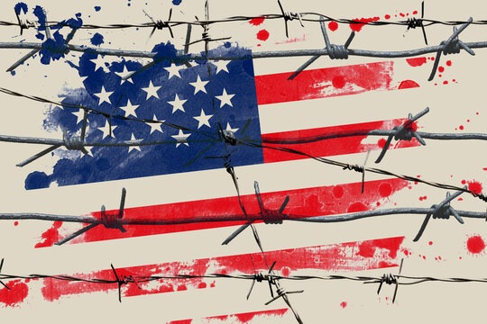 Barbed wire on USA flag background, cracked texture