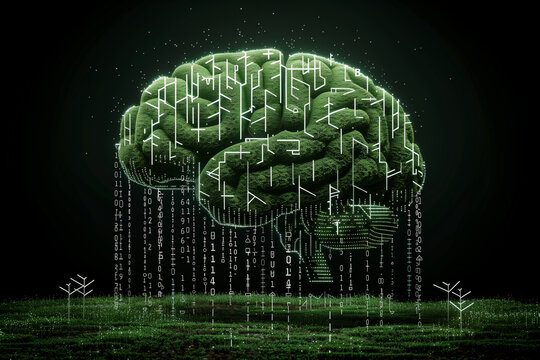 digital abstract of a brain shaped tree with binary code falling against a dark background
