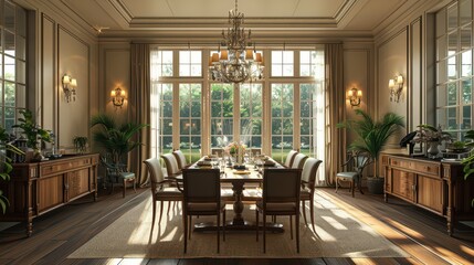 A traditional dining room with a large wooden table, classic chairs, and a chandelier, elegant decor, illustration background