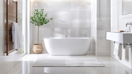 Fototapeta premium Chic white bathroom with modern fixtures and elegant decor, highlighting luxury and comfort