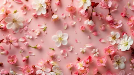 Spring blossoms scattered across a pastel pink surface, arranged in a spontaneous flat lay style. Designed with a focus on simplicity and color, open space, suitable for text insertion.