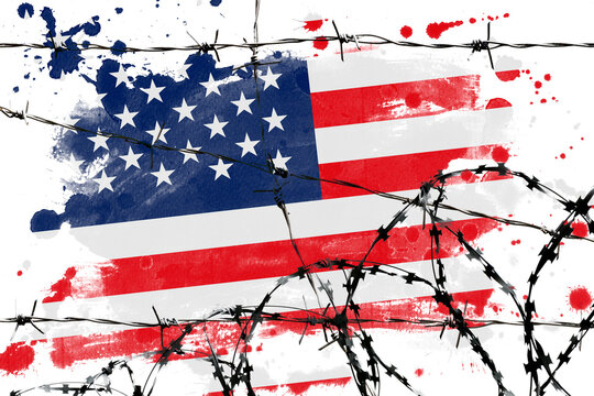 Barbed wire on USA flag background, cracked texture