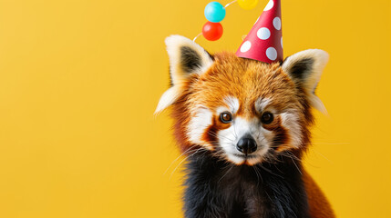 Obraz premium Adorable red panda looks to camera wearing a party hat to celebrate a special occasion - birthday, wedding, etc. Perfect for invitations or announcement, wide 16:9 with copy space.