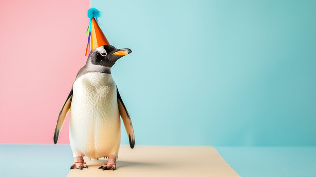 A photo image of a penguin wearing a party hat, perfect for celebration announcement, birthday, landscape 16:9 format with copy space