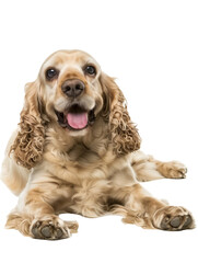 Full body shot of English Cocker Spaniel dog, lying down, smiling.