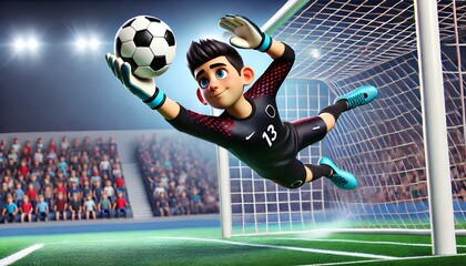 A 3D cartoon goalkeeper in a dark jersey with red patterns makes a diving save, catching the soccer ball mid-air.