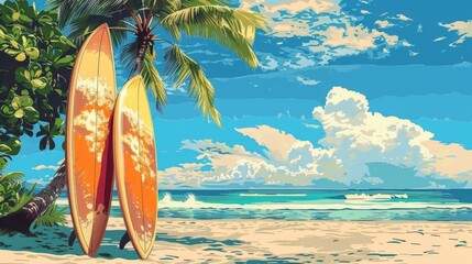 pop art summer beach scene with surfboards leaning against a palm tree under the sun, embodying the idea of a tropical paradise