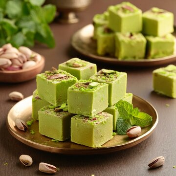 Indian sweet food pistachio mava also called as pista Barfi, burfi, barfee and pista mawa
