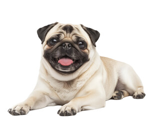 Obraz premium Full body shot of Pug dog, lying down, smiling.