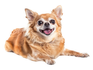 Obraz premium Full body shot of Chihuahua dog, lying down, smiling.