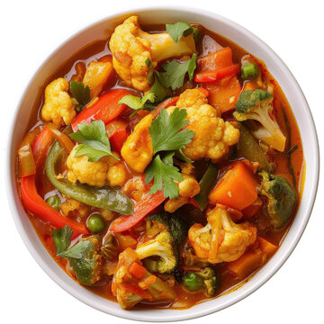 A vibrant bowl of mixed vegetable curry with cauliflower, bell peppers, and peas, garnished with fresh parsley, perfect for a healthy meal.