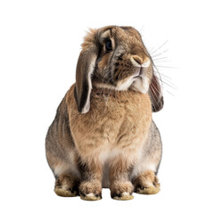 Adorable brown rabbit sitting on white background, showcasing its soft fur and curious expression. Perfect for pet and nature themes.
