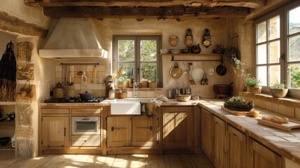 french countryside decor, a rustic provencal kitchen highlighted by wooden beams, stone counters, and quaint ceramic tiles, capturing the essence of traditional french countryside charm