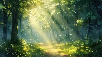Obraz premium A tranquil forest path with sunlight filtering through the trees and a soft mist, illustration background