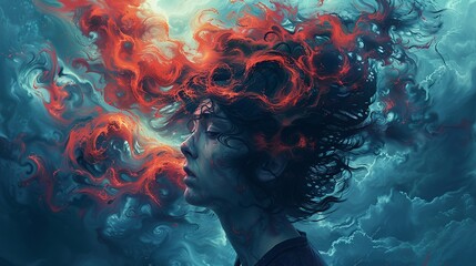 An artistic representation of a person with their head filled with swirling thoughts, depicting the overwhelming nature of intrusive thoughts in anxiety. Illustration, Minimalism,